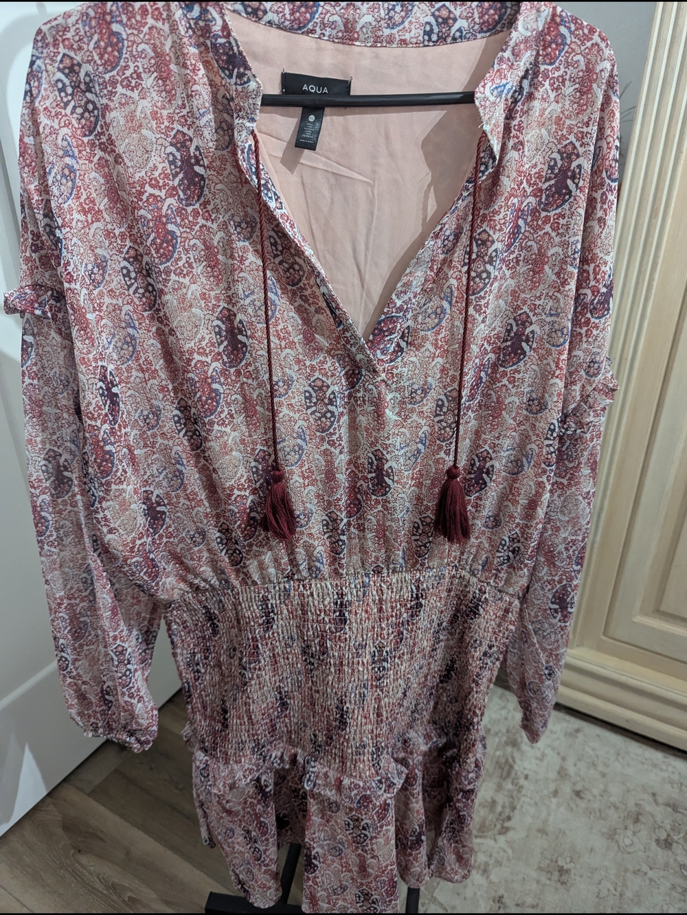 Aqua Pink Paisley Tassel Smocked Waist Dress